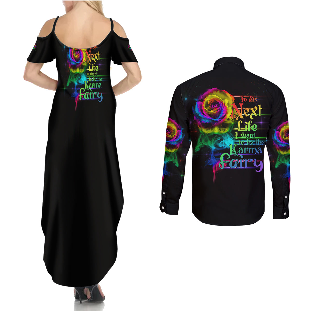 Karma Fairy Rose Smoke Skull Couples Matching Summer Maxi Dress and Long Sleeve Button Shirt - Wonder Print Shop