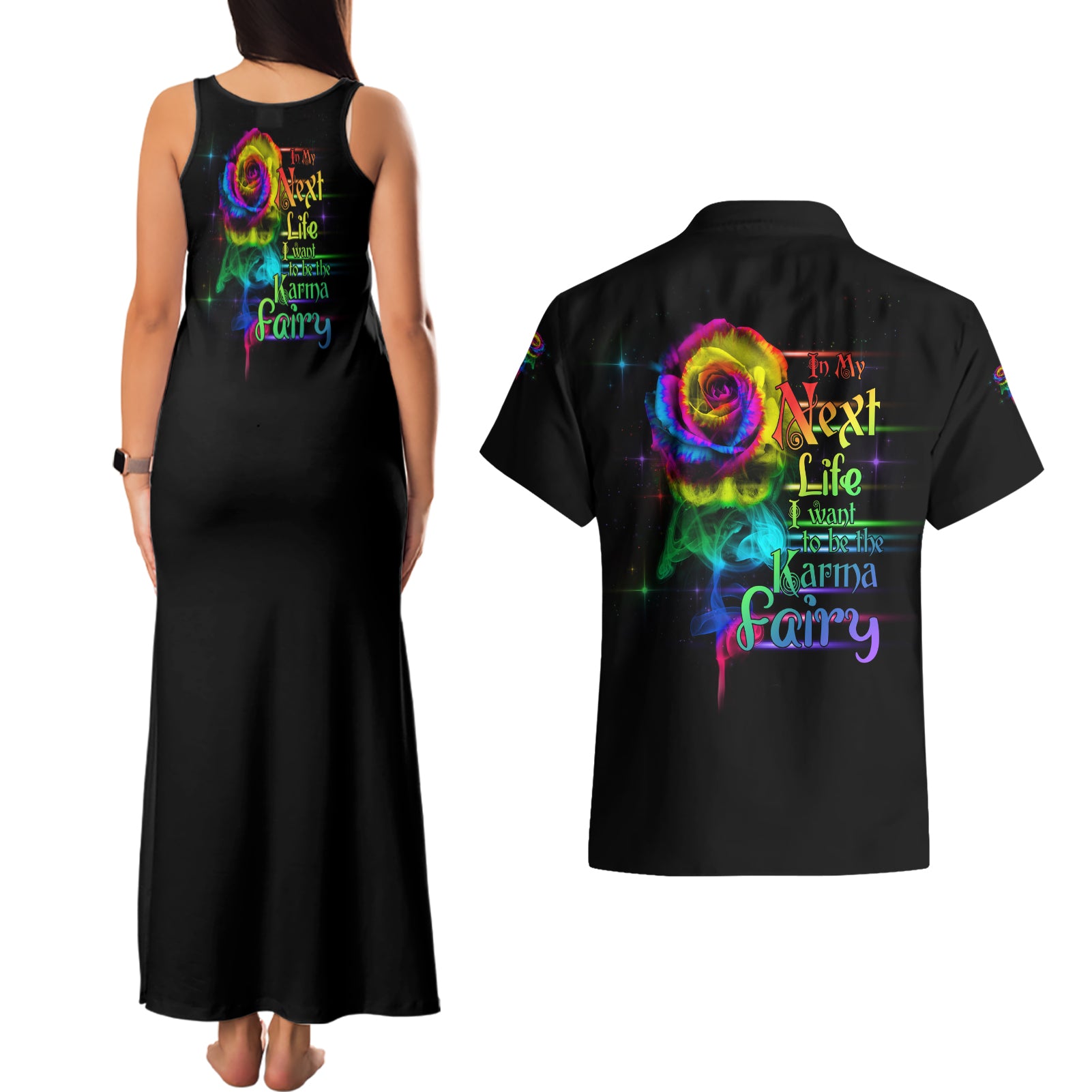 Karma Fairy Rose Smoke Skull Couples Matching Tank Maxi Dress and Hawaiian Shirt - Wonder Print Shop