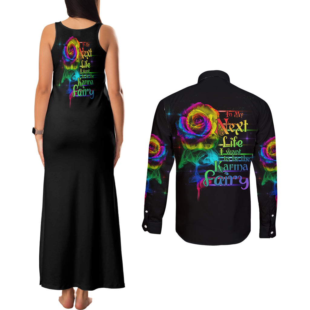 Karma Fairy Rose Smoke Skull Couples Matching Tank Maxi Dress and Long Sleeve Button Shirt - Wonder Print Shop