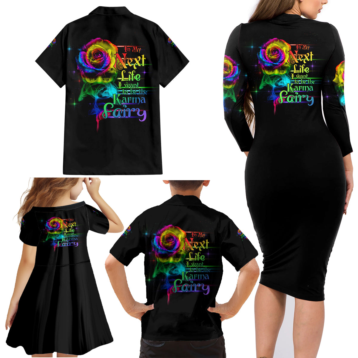 Karma Fairy Rose Smoke Skull Family Matching Long Sleeve Bodycon Dress and Hawaiian Shirt - Wonder Print Shop