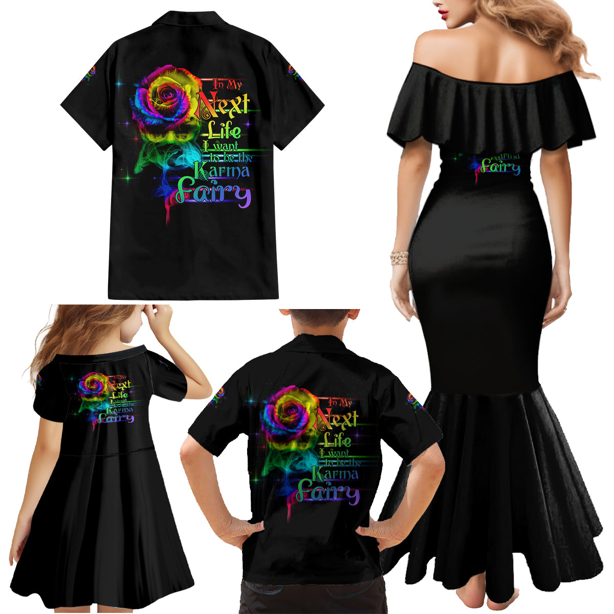 Karma Fairy Rose Smoke Skull Family Matching Mermaid Dress and Hawaiian Shirt - Wonder Print Shop