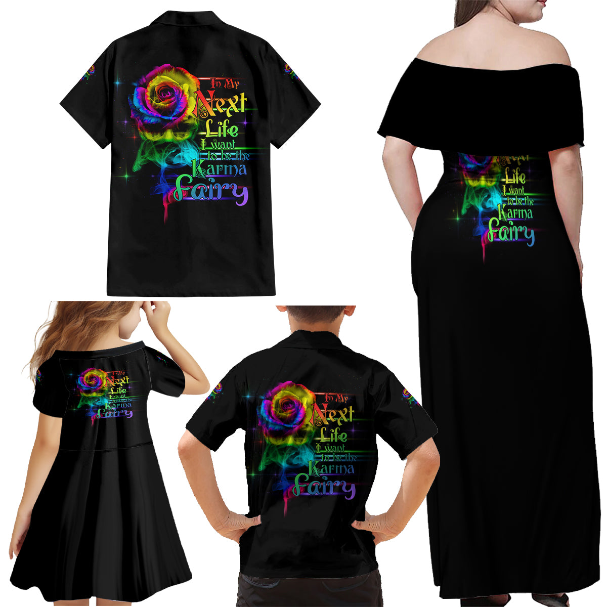 Karma Fairy Rose Smoke Skull Family Matching Off Shoulder Maxi Dress and Hawaiian Shirt - Wonder Print Shop