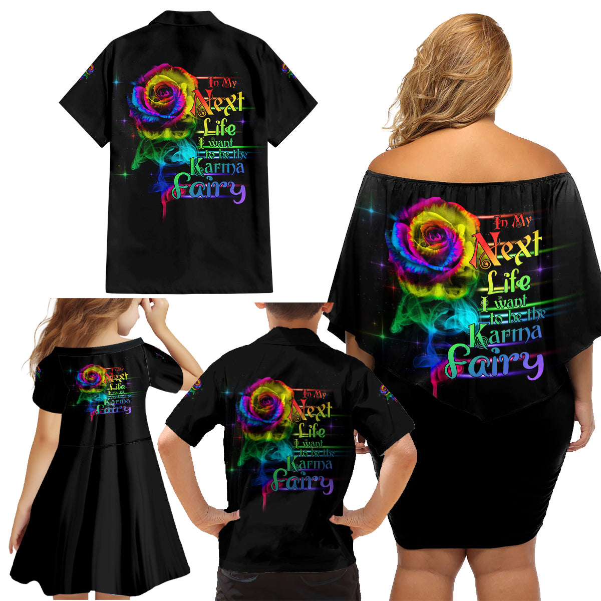 Karma Fairy Rose Smoke Skull Family Matching Off Shoulder Short Dress and Hawaiian Shirt - Wonder Print Shop