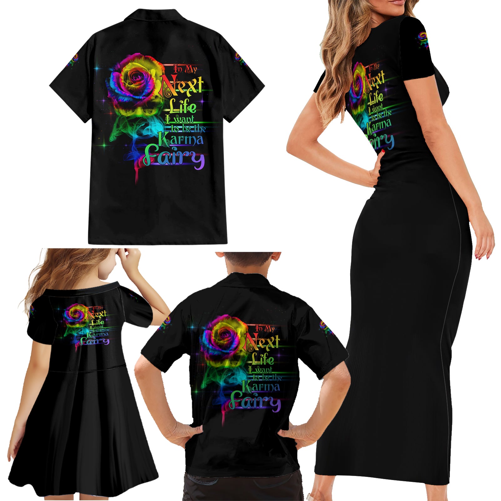 Karma Fairy Rose Smoke Skull Family Matching Short Sleeve Bodycon Dress and Hawaiian Shirt - Wonder Print Shop