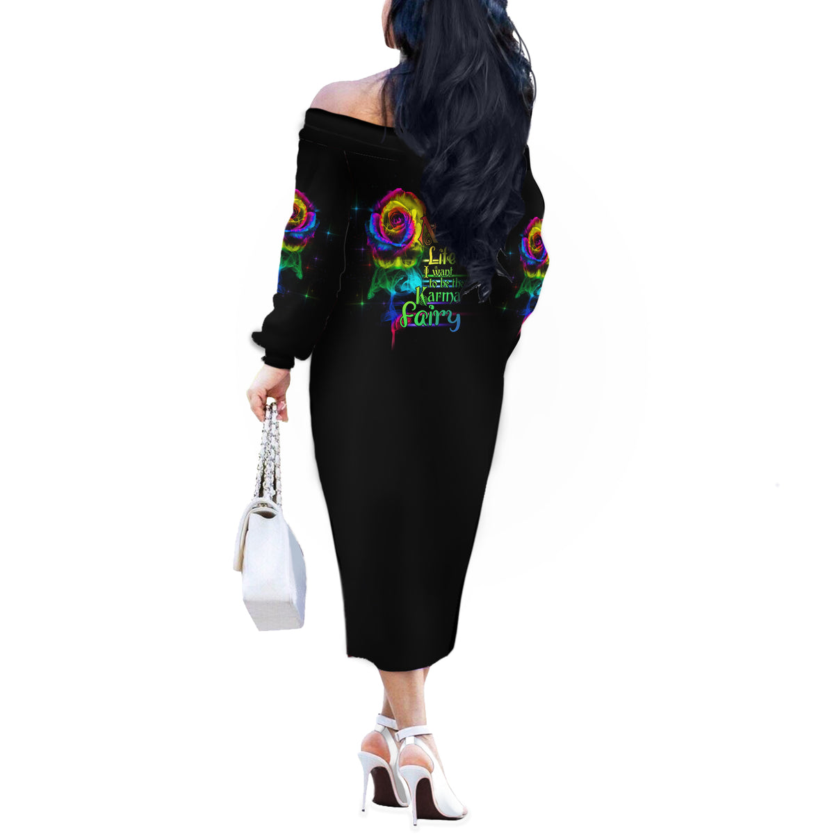 Karma Fairy Rose Smoke Skull Off The Shoulder Long Sleeve Dress - Wonder Print Shop