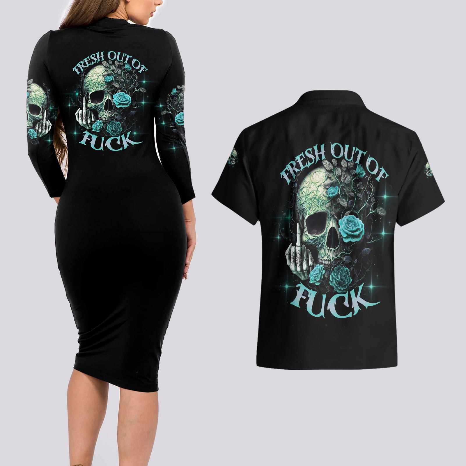 Fresh Out Of F Skull Rose Couples Matching Long Sleeve Bodycon Dress and Hawaiian Shirt - Wonder Print Shop