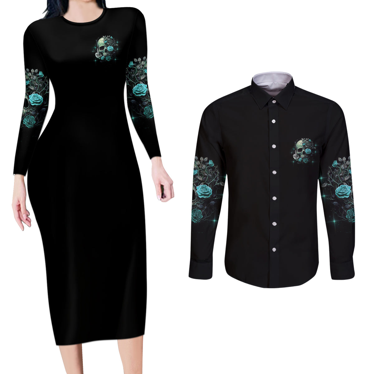 Fresh Out Of F Skull Rose Couples Matching Long Sleeve Bodycon Dress and Long Sleeve Button Shirt - Wonder Print Shop