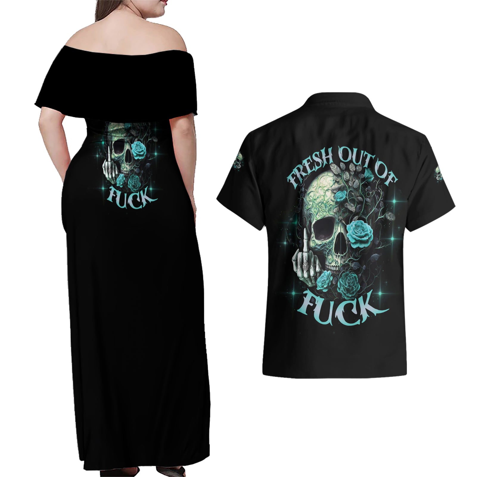 Fresh Out Of F Skull Rose Couples Matching Off Shoulder Maxi Dress and Hawaiian Shirt - Wonder Print Shop