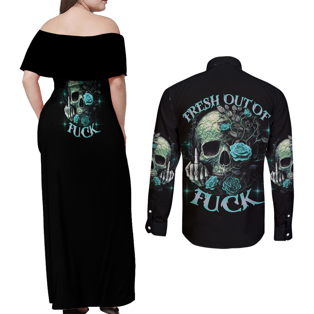 Fresh Out Of F Skull Rose Couples Matching Off Shoulder Maxi Dress and Long Sleeve Button Shirt - Wonder Print Shop