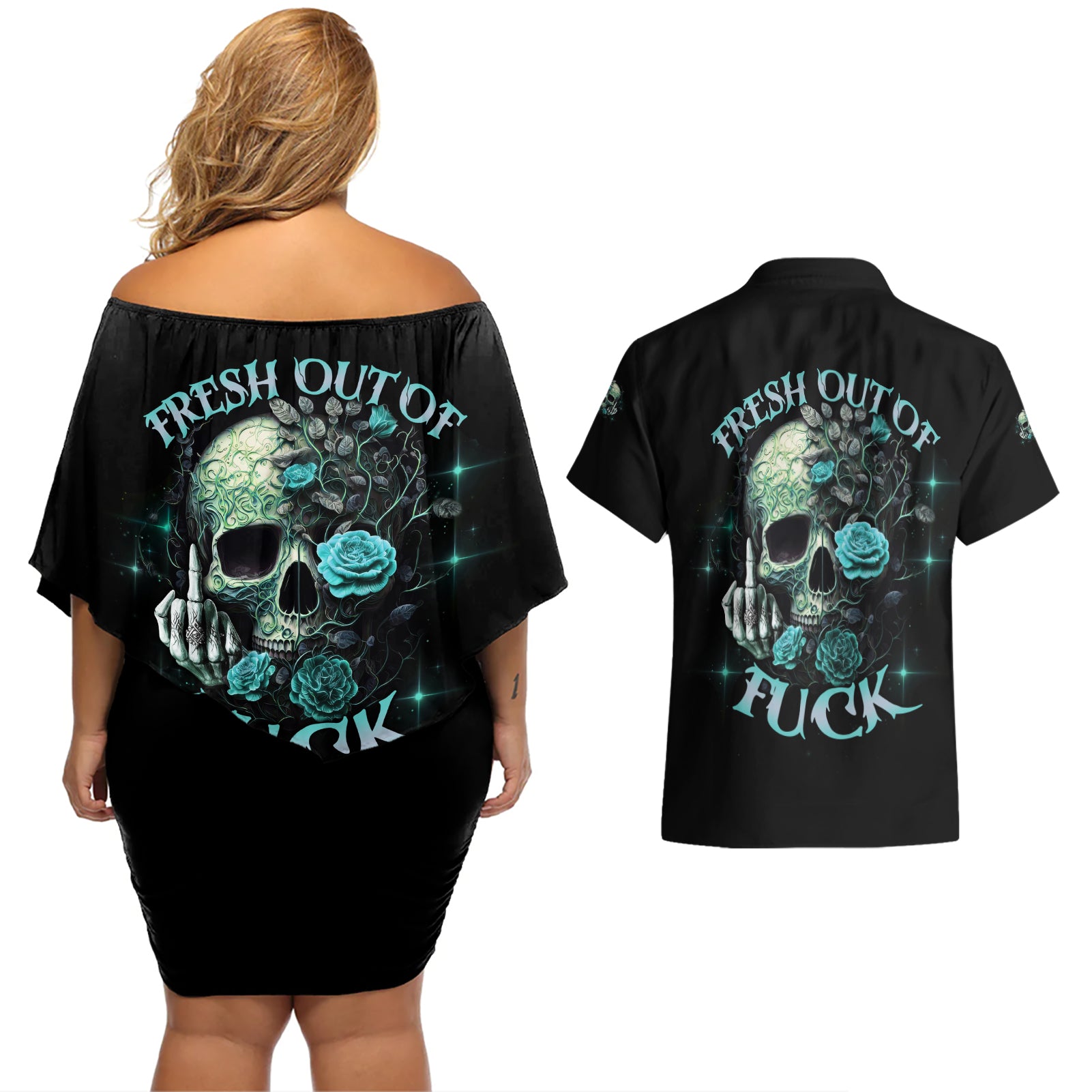 Fresh Out Of F Skull Rose Couples Matching Off Shoulder Short Dress and Hawaiian Shirt - Wonder Print Shop