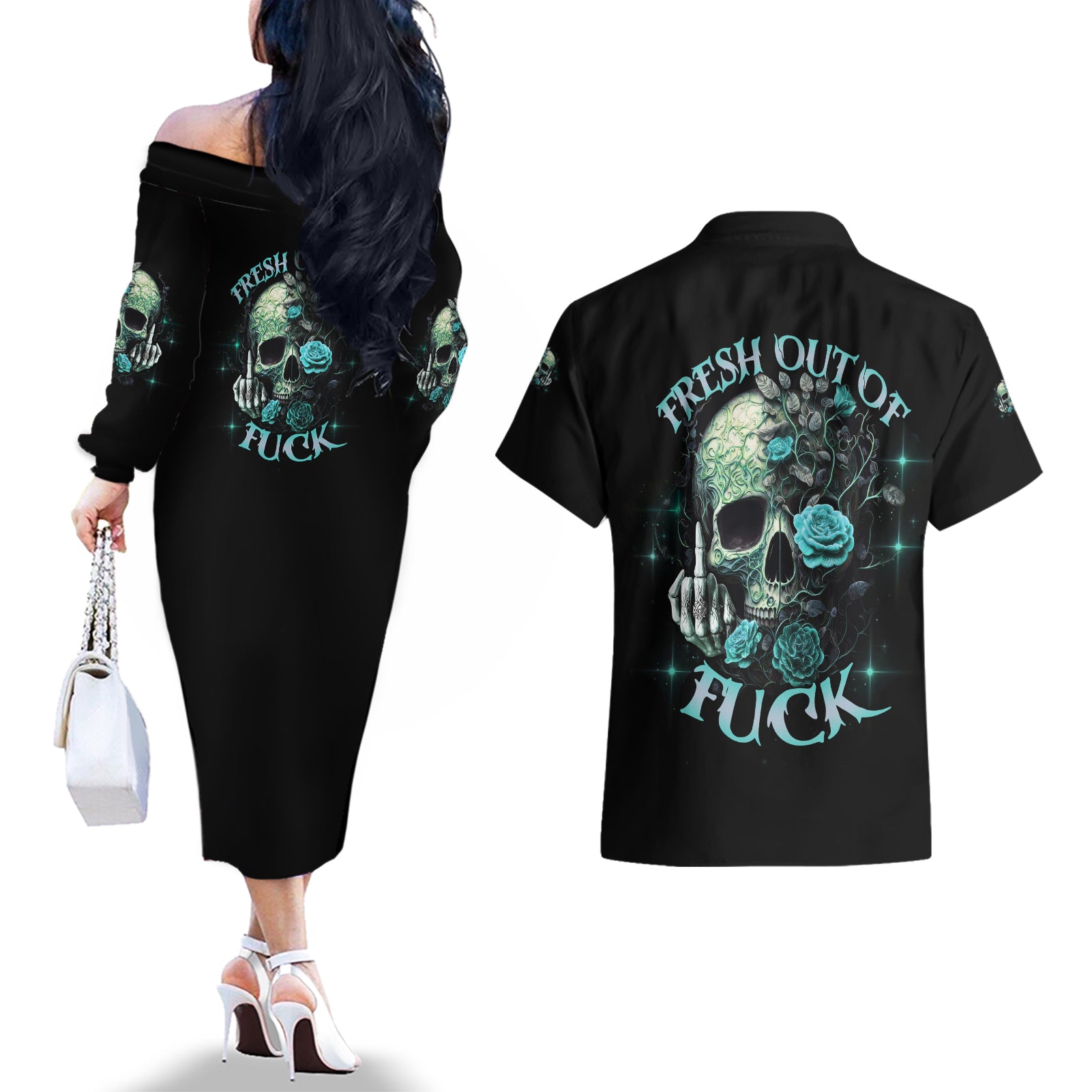Fresh Out Of F Skull Rose Couples Matching Off The Shoulder Long Sleeve Dress and Hawaiian Shirt - Wonder Print Shop