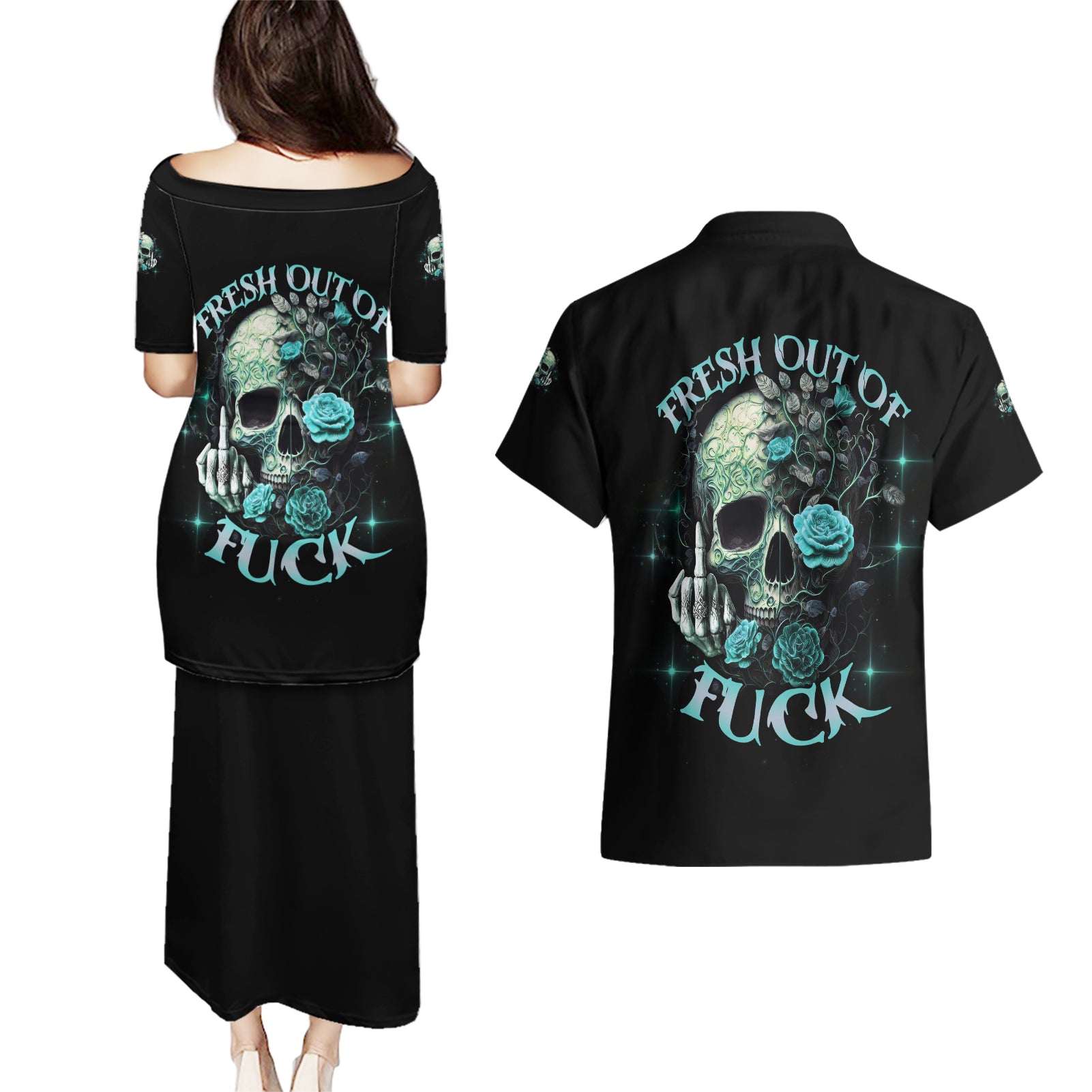 Fresh Out Of F Skull Rose Couples Matching Puletasi Dress and Hawaiian Shirt - Wonder Print Shop