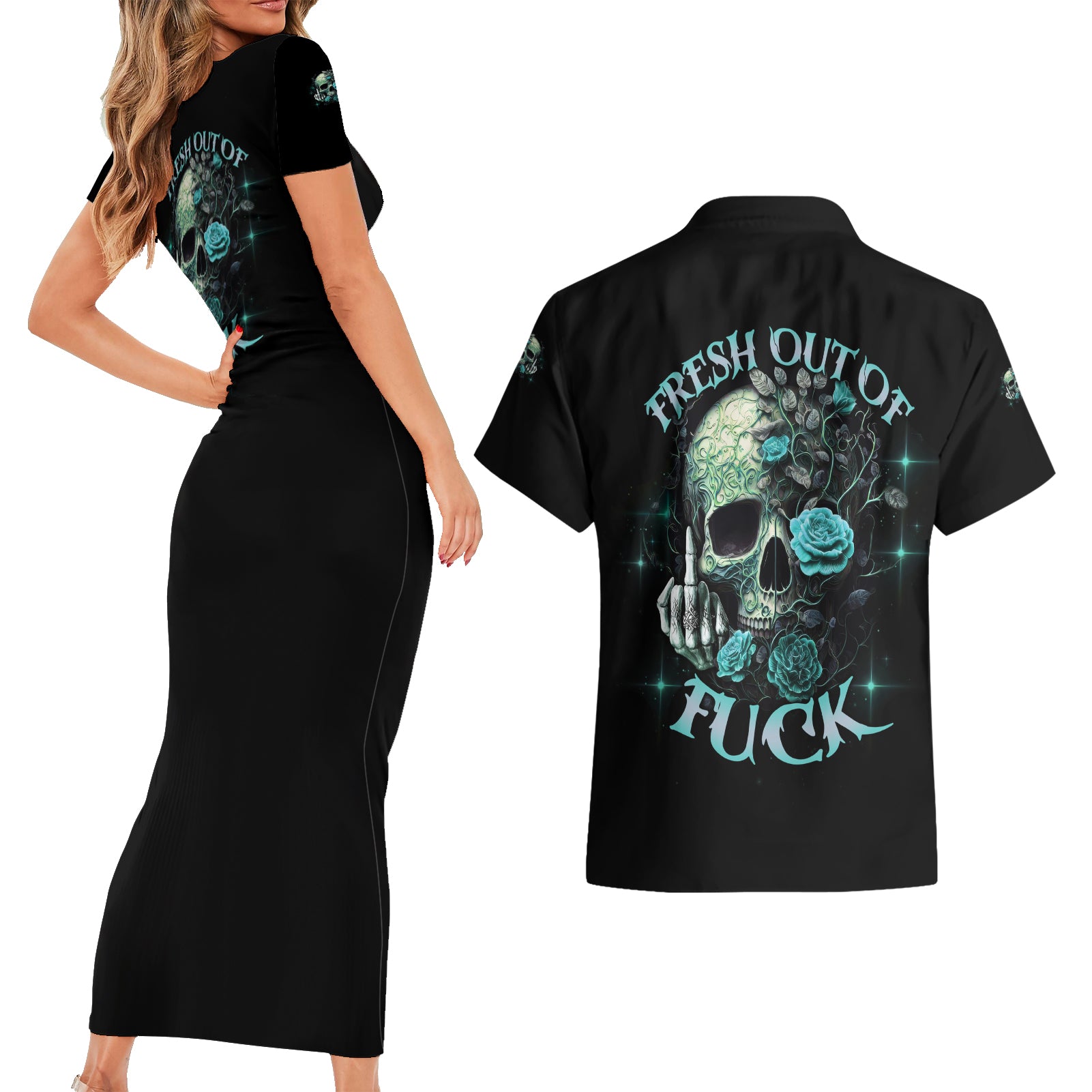 Fresh Out Of F Skull Rose Couples Matching Short Sleeve Bodycon Dress and Hawaiian Shirt - Wonder Print Shop