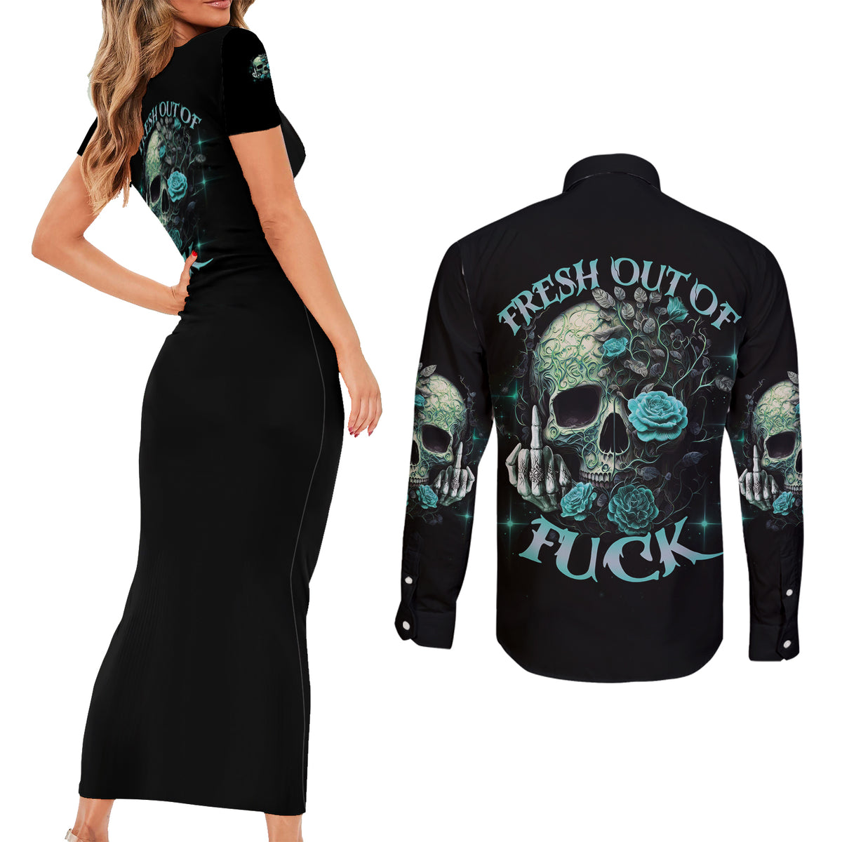 Fresh Out Of F Skull Rose Couples Matching Short Sleeve Bodycon Dress and Long Sleeve Button Shirt - Wonder Print Shop
