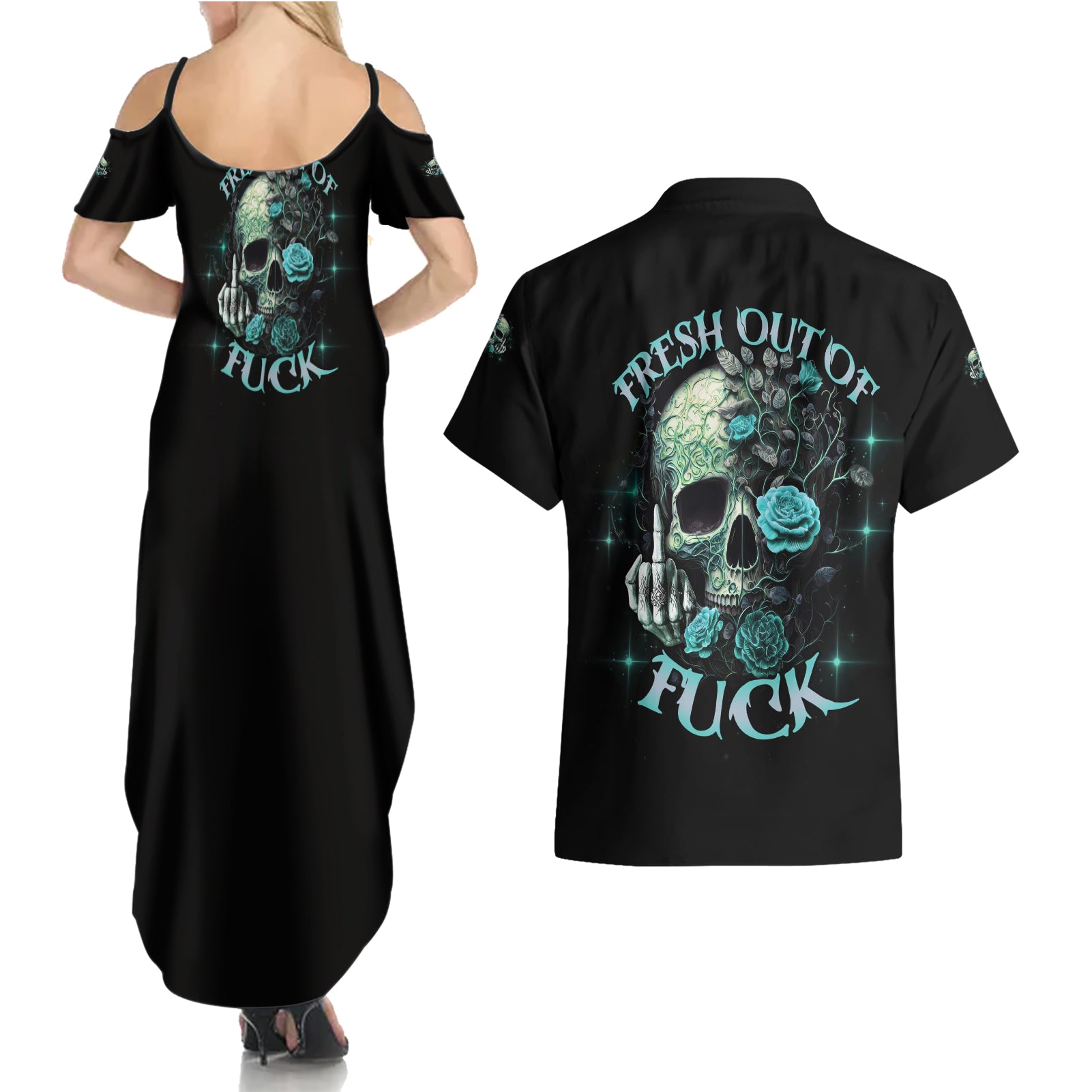 Fresh Out Of F Skull Rose Couples Matching Summer Maxi Dress and Hawaiian Shirt - Wonder Print Shop