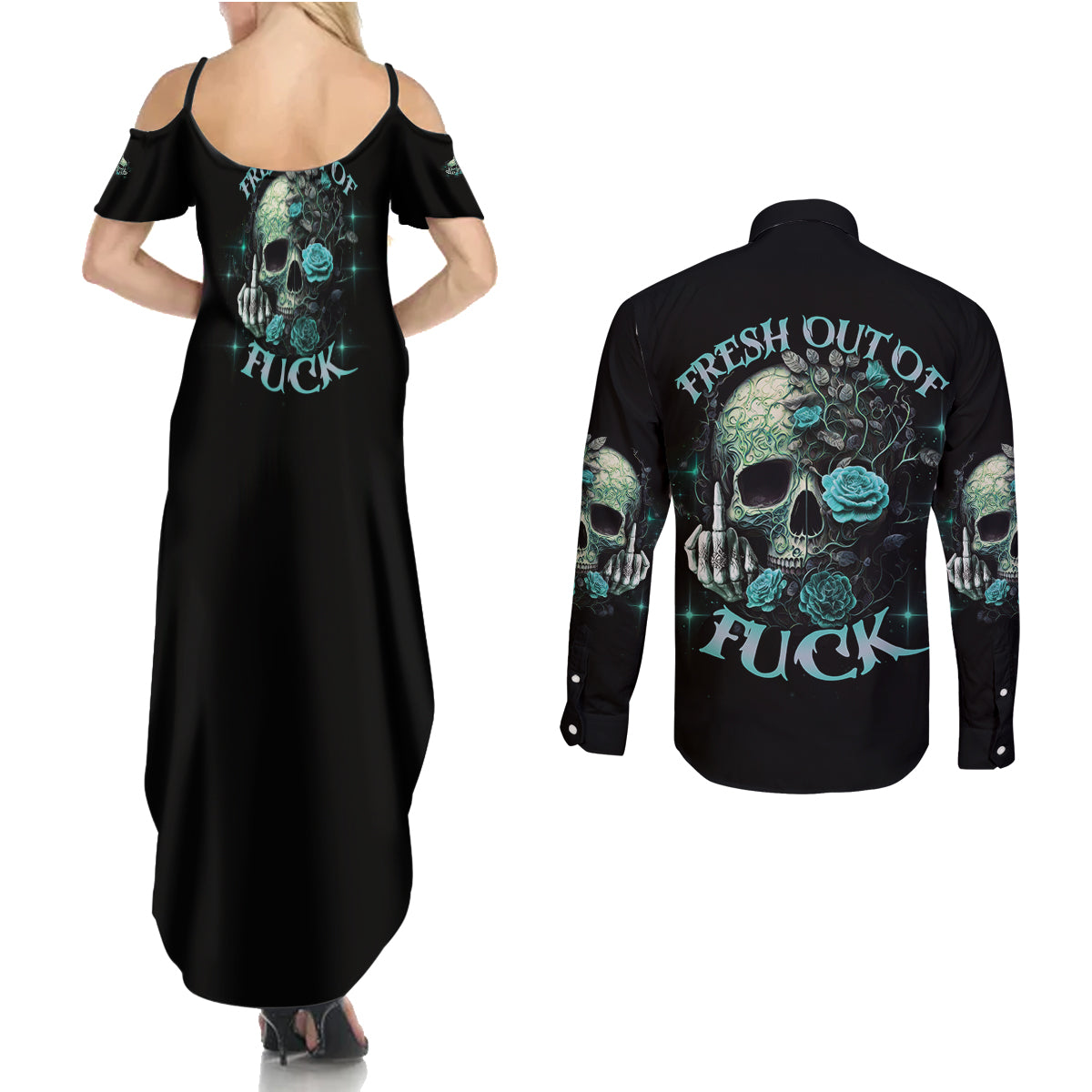 Fresh Out Of F Skull Rose Couples Matching Summer Maxi Dress and Long Sleeve Button Shirt - Wonder Print Shop