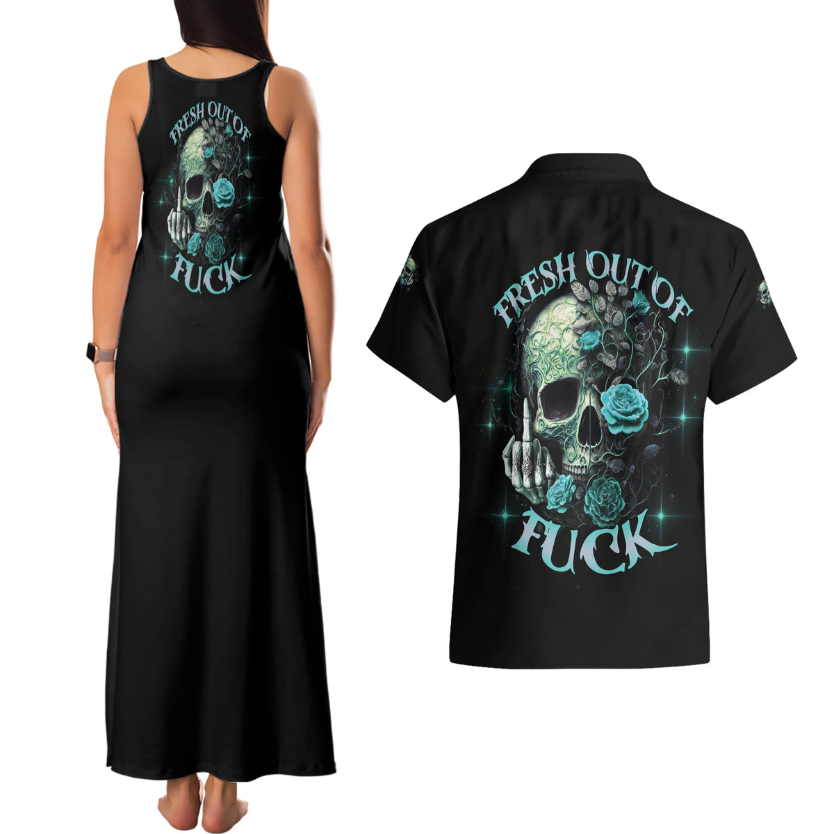 Fresh Out Of F Skull Rose Couples Matching Tank Maxi Dress and Hawaiian Shirt - Wonder Print Shop