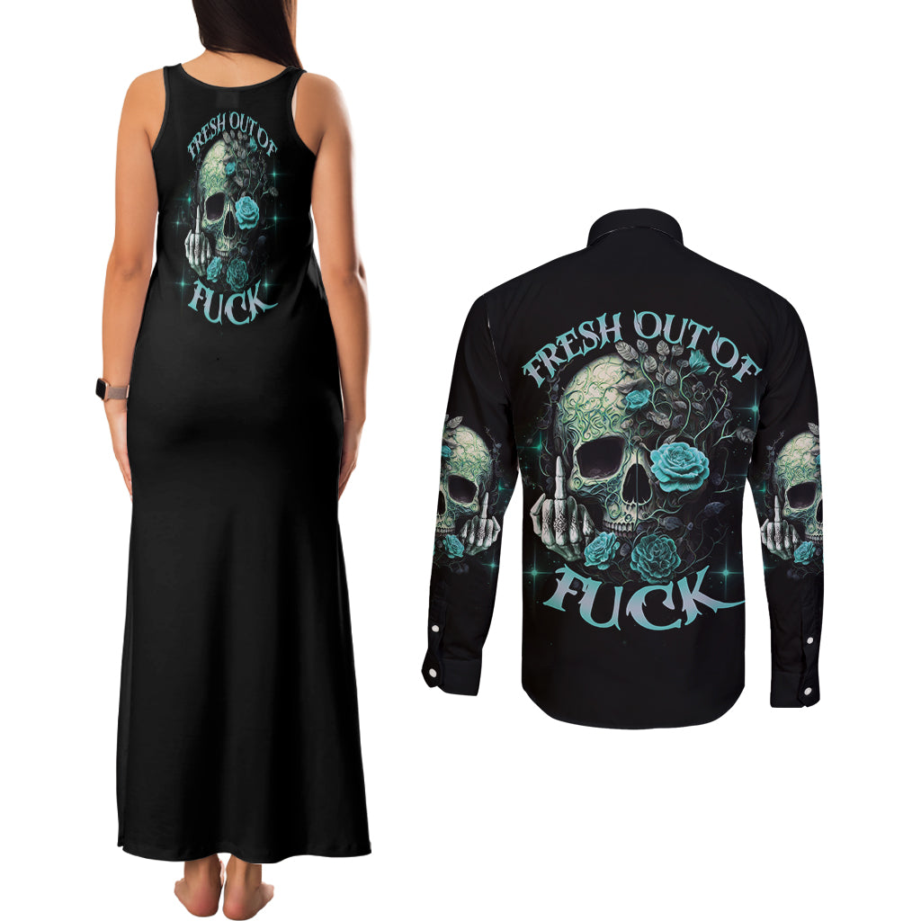 Fresh Out Of F Skull Rose Couples Matching Tank Maxi Dress and Long Sleeve Button Shirt - Wonder Print Shop