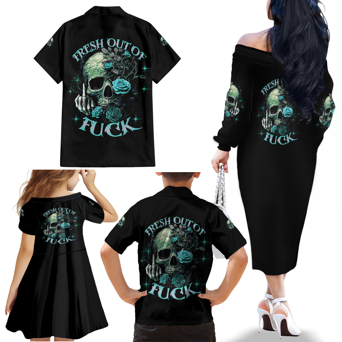 Fresh Out Of F Skull Rose Family Matching Off Shoulder Long Sleeve Dress and Hawaiian Shirt - Wonder Print Shop
