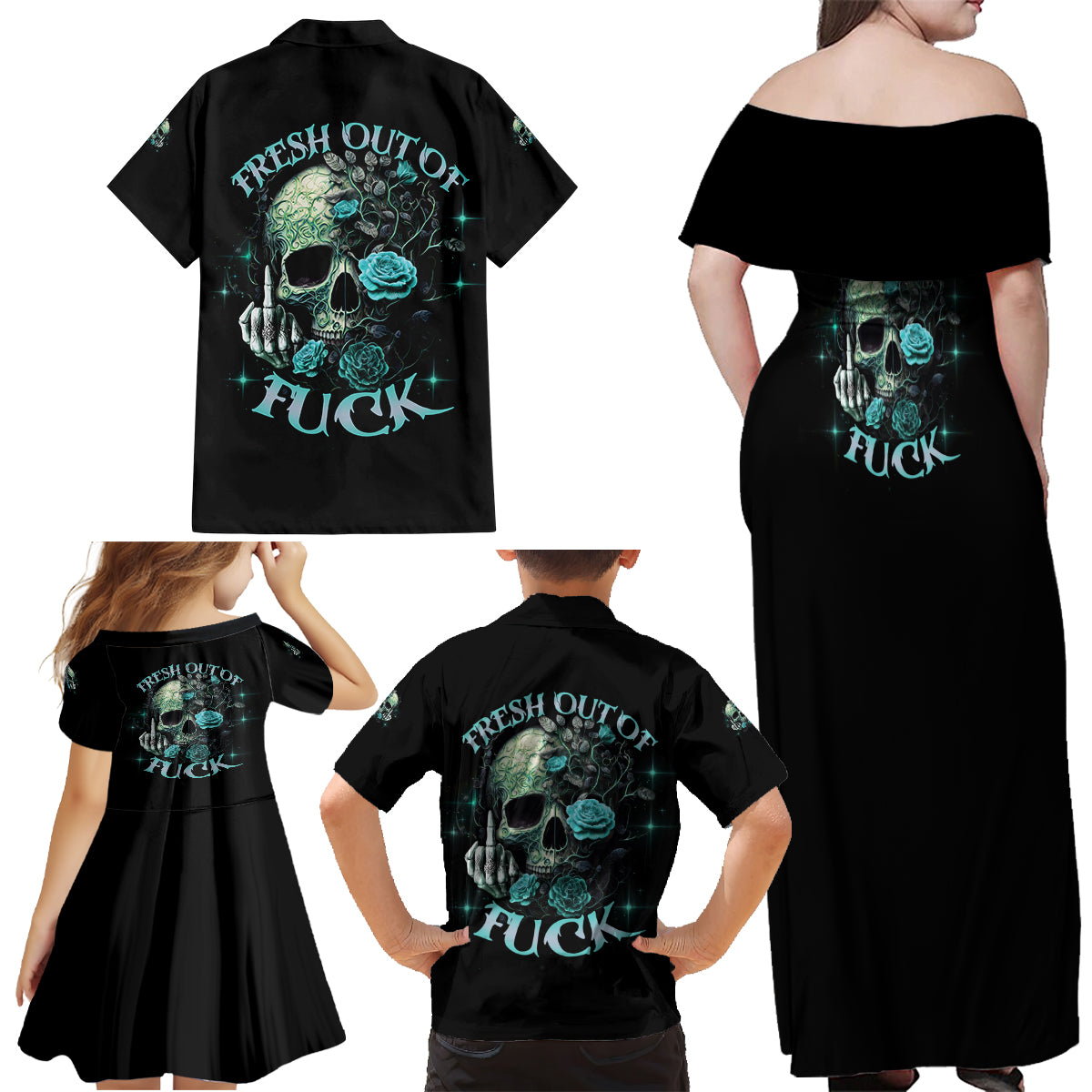 Fresh Out Of F Skull Rose Family Matching Off Shoulder Maxi Dress and Hawaiian Shirt - Wonder Print Shop