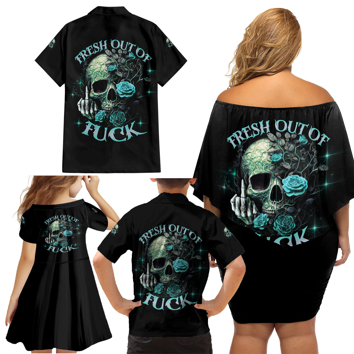 Fresh Out Of F Skull Rose Family Matching Off Shoulder Short Dress and Hawaiian Shirt - Wonder Print Shop
