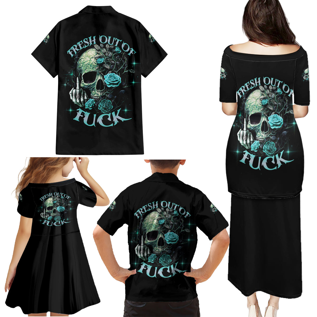 Fresh Out Of F Skull Rose Family Matching Puletasi Dress and Hawaiian Shirt - Wonder Print Shop