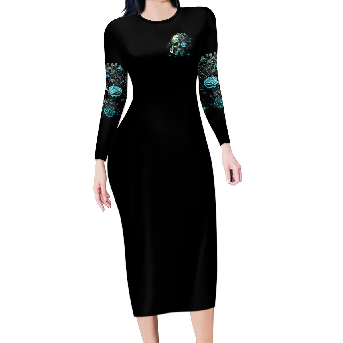 Fresh Out Of F Skull Rose Long Sleeve Bodycon Dress - Wonder Print Shop