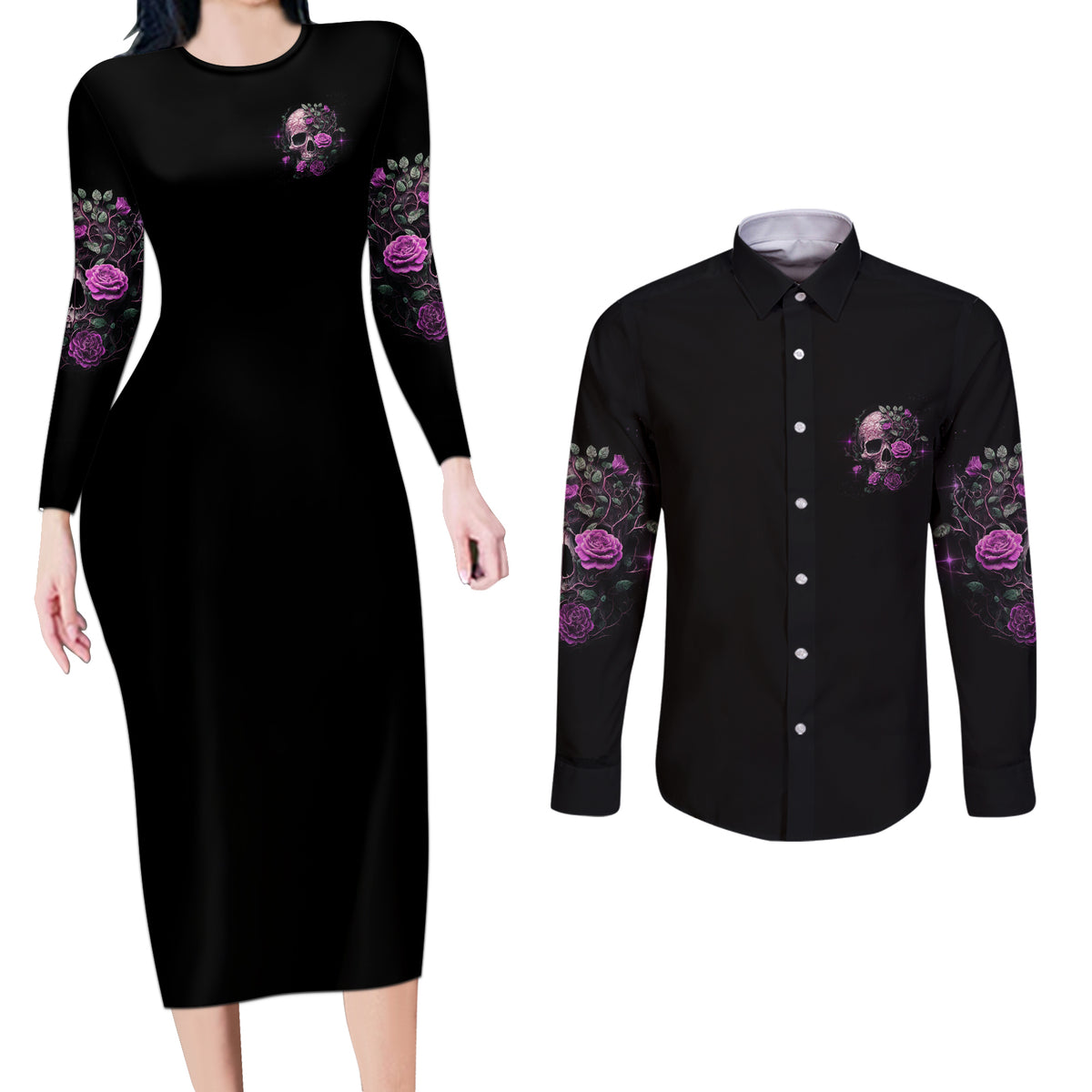 I Am The Storm Rose Couples Matching Long Sleeve Bodycon Dress and Long Sleeve Button Shirt - Wonder Print Shop
