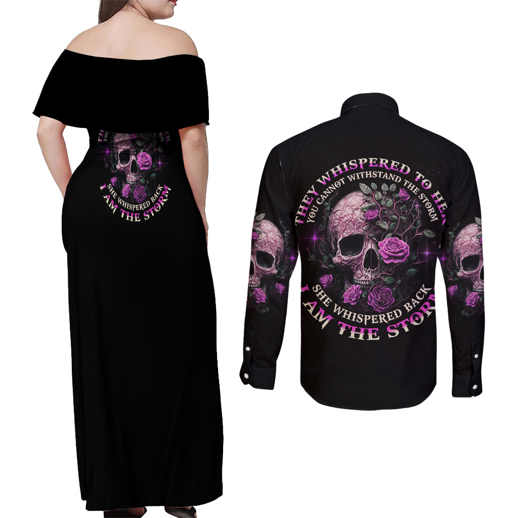 I Am The Storm Rose Couples Matching Off Shoulder Maxi Dress and Long Sleeve Button Shirt - Wonder Print Shop