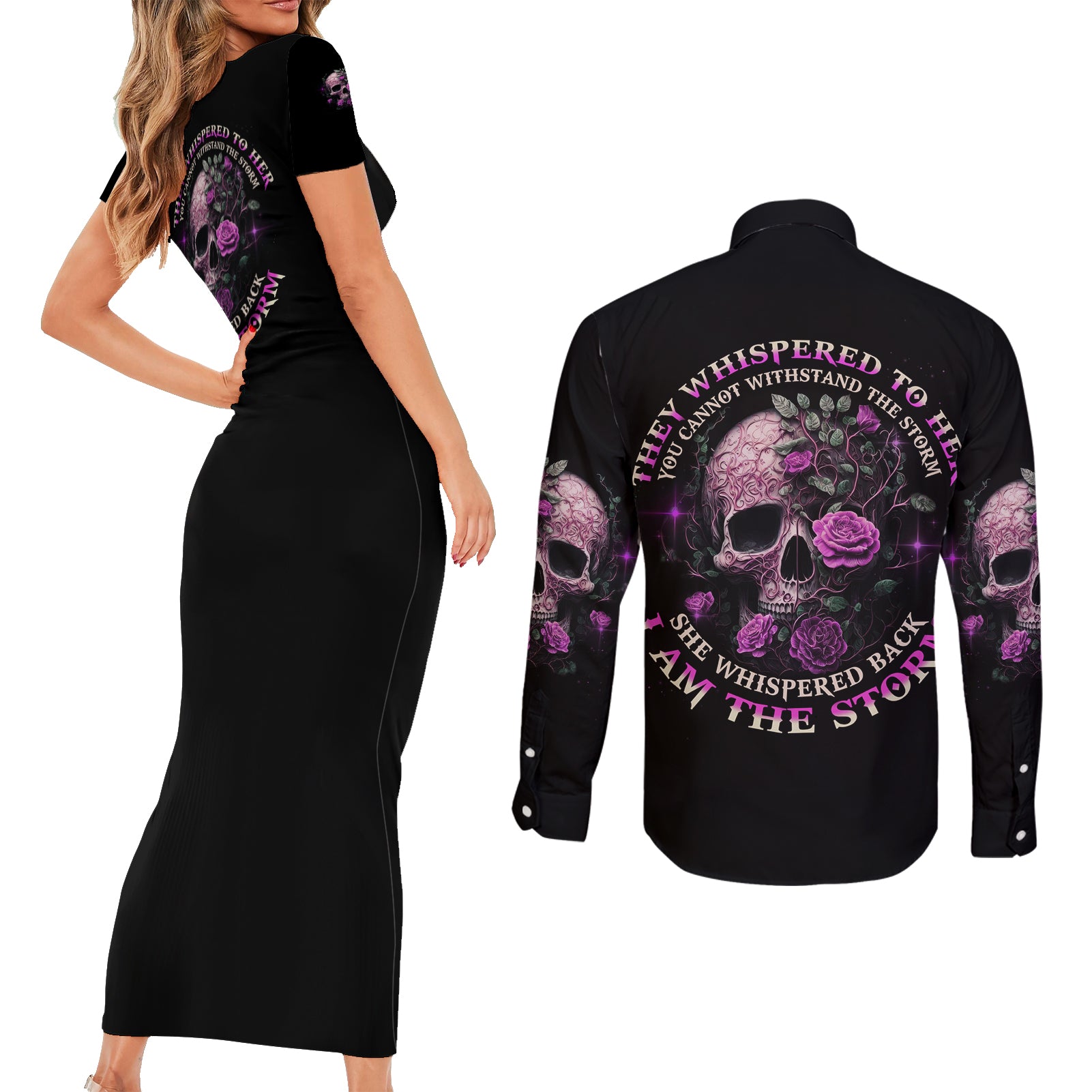 I Am The Storm Rose Couples Matching Short Sleeve Bodycon Dress and Long Sleeve Button Shirt - Wonder Print Shop