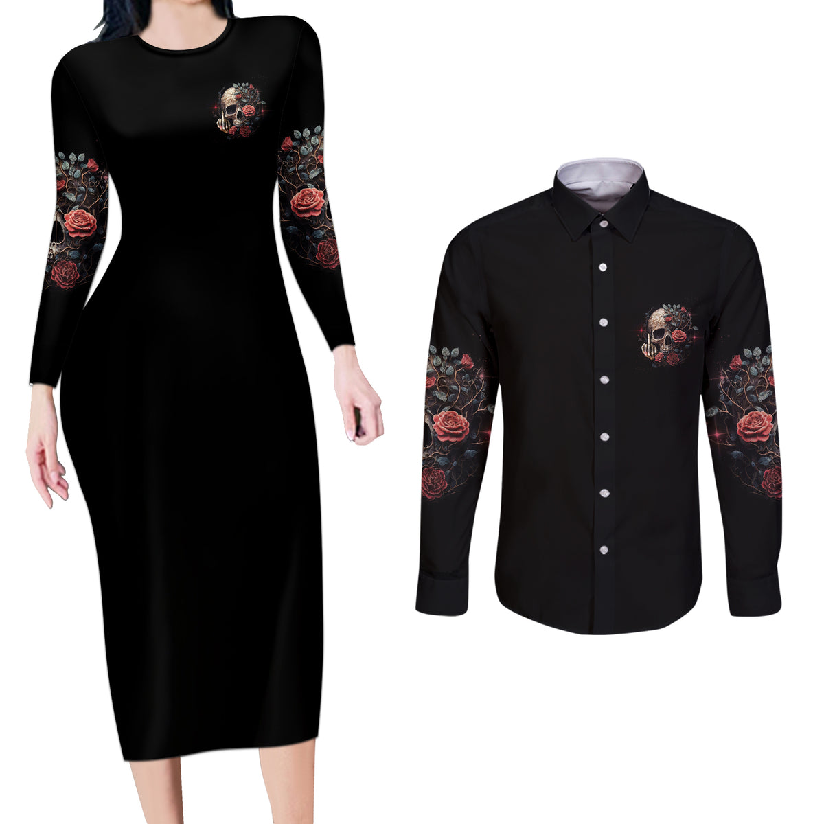 Next Time My Name Comes Out Rose Couples Matching Long Sleeve Bodycon Dress and Long Sleeve Button Shirt - Wonder Print Shop