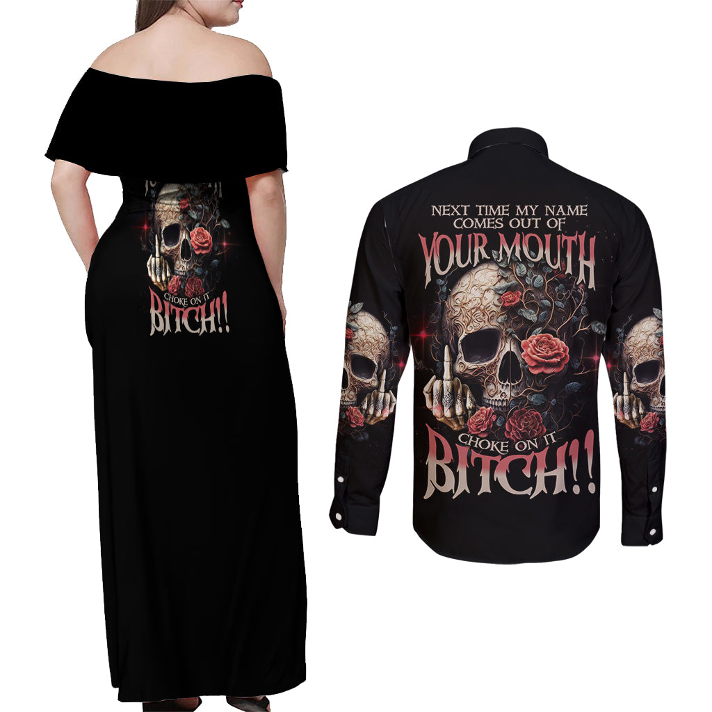 Next Time My Name Comes Out Rose Couples Matching Off Shoulder Maxi Dress and Long Sleeve Button Shirt - Wonder Print Shop