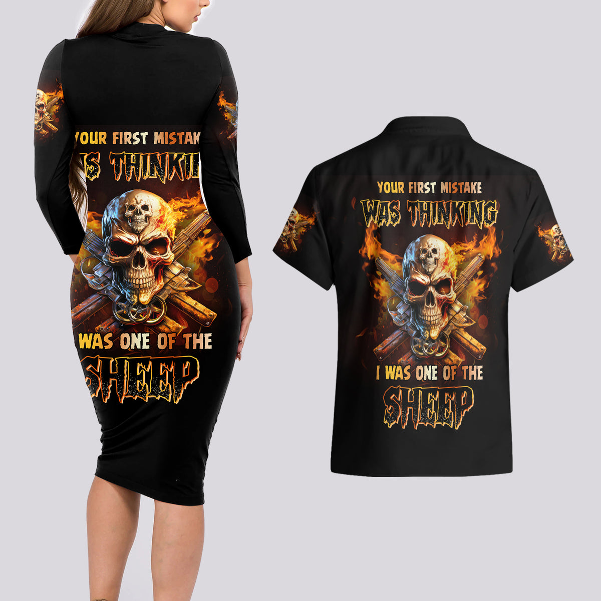 Your First Mistake Fire Skull Couples Matching Long Sleeve Bodycon Dress and Hawaiian Shirt - Wonder Print Shop