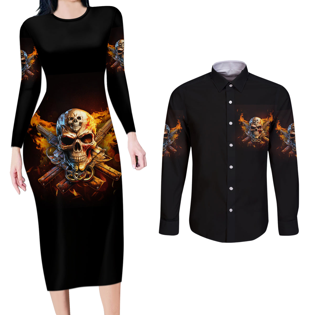 Your First Mistake Fire Skull Couples Matching Long Sleeve Bodycon Dress and Long Sleeve Button Shirt - Wonder Print Shop