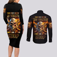 Your First Mistake Fire Skull Couples Matching Long Sleeve Bodycon Dress and Long Sleeve Button Shirt - Wonder Print Shop