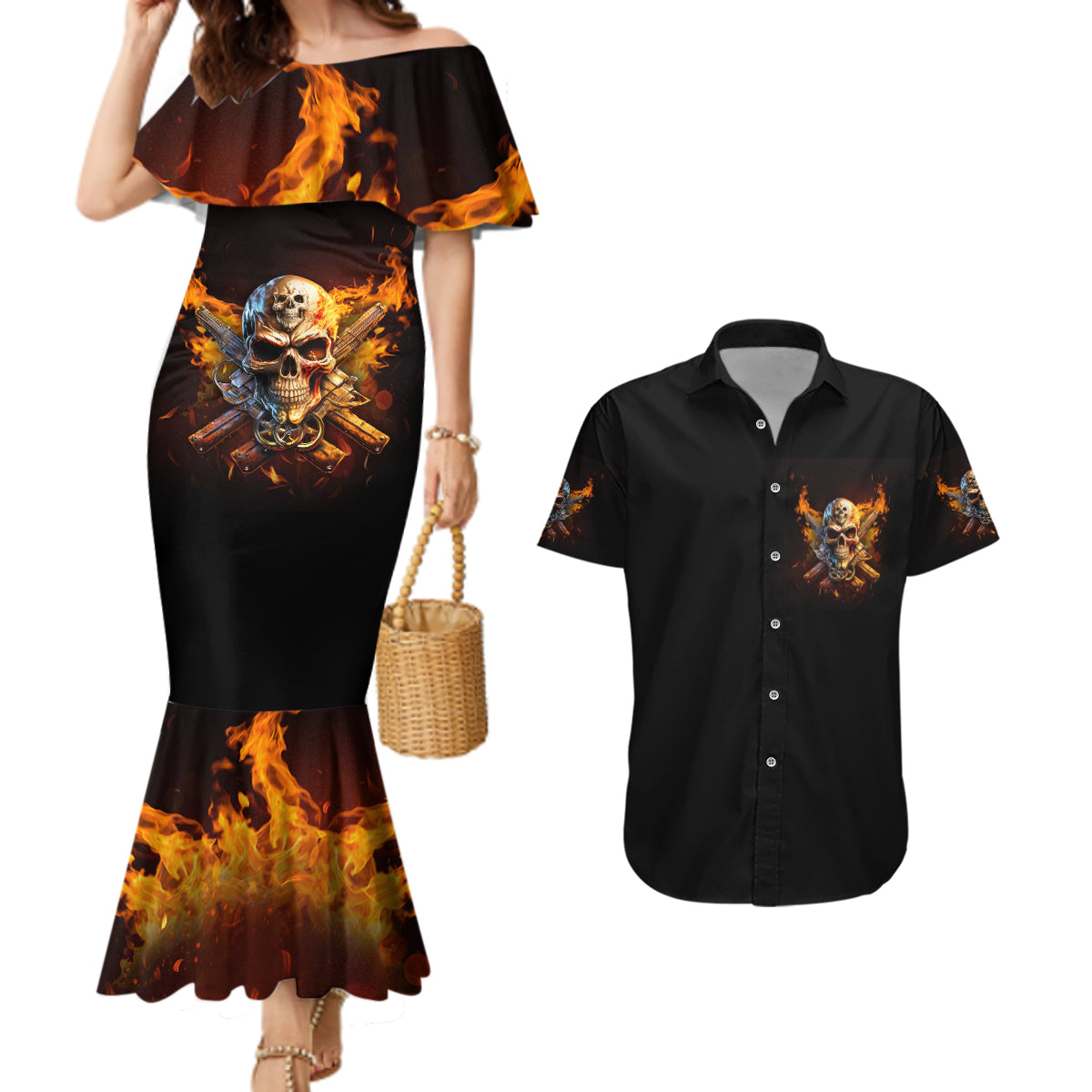 Your First Mistake Fire Skull Couples Matching Mermaid Dress and Hawaiian Shirt - Wonder Print Shop