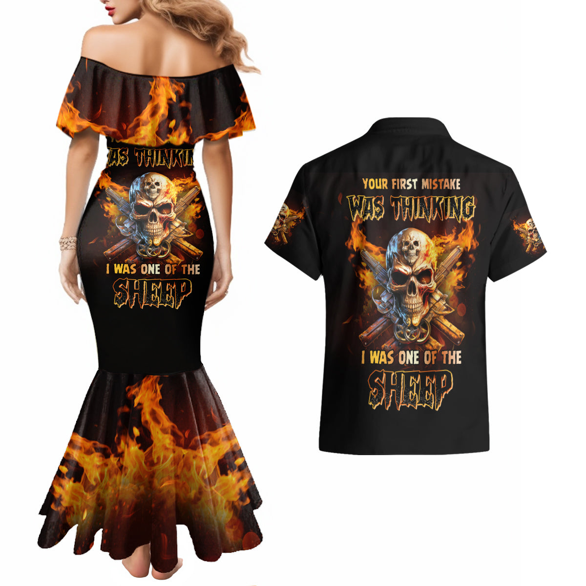 Your First Mistake Fire Skull Couples Matching Mermaid Dress and Hawaiian Shirt - Wonder Print Shop