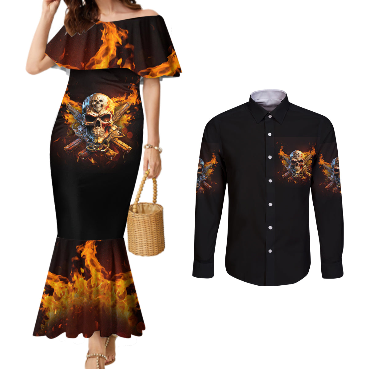 your-first-mistake-fire-skull-couples-matching-mermaid-dress-and-long-sleeve-button-shirt