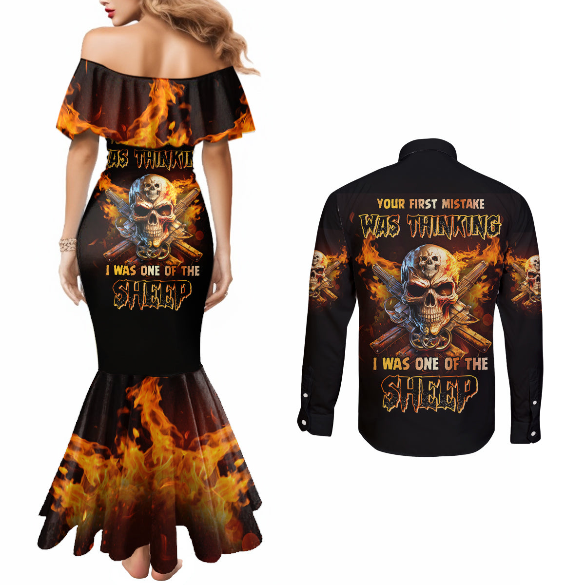 your-first-mistake-fire-skull-couples-matching-mermaid-dress-and-long-sleeve-button-shirt