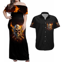 Your First Mistake Fire Skull Couples Matching Off Shoulder Maxi Dress and Hawaiian Shirt - Wonder Print Shop
