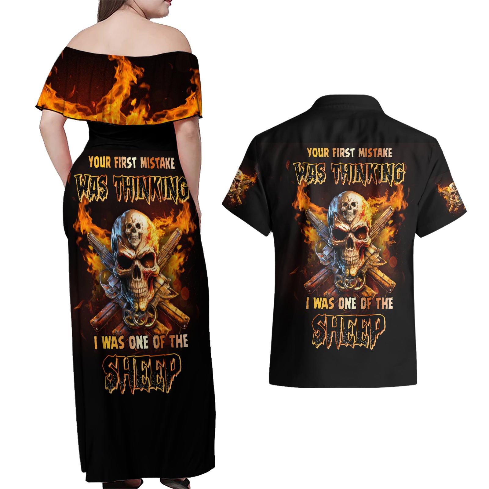 Your First Mistake Fire Skull Couples Matching Off Shoulder Maxi Dress and Hawaiian Shirt - Wonder Print Shop