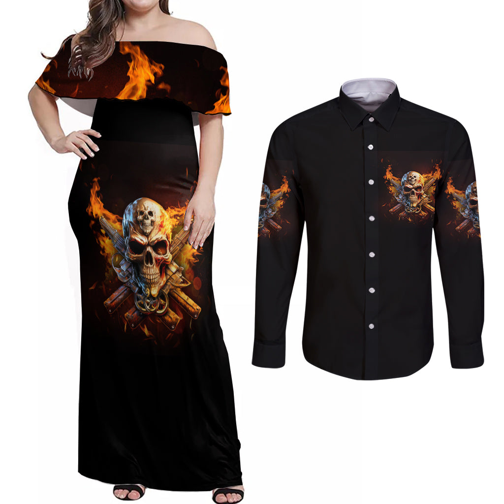 Your First Mistake Fire Skull Couples Matching Off Shoulder Maxi Dress and Long Sleeve Button Shirt - Wonder Print Shop