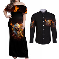 Your First Mistake Fire Skull Couples Matching Off Shoulder Maxi Dress and Long Sleeve Button Shirt - Wonder Print Shop