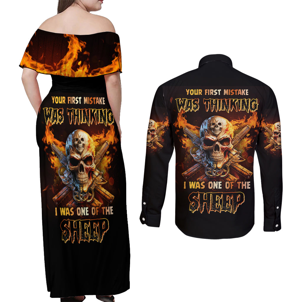 Your First Mistake Fire Skull Couples Matching Off Shoulder Maxi Dress and Long Sleeve Button Shirt - Wonder Print Shop