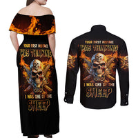 Your First Mistake Fire Skull Couples Matching Off Shoulder Maxi Dress and Long Sleeve Button Shirt - Wonder Print Shop
