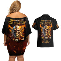 Your First Mistake Fire Skull Couples Matching Off Shoulder Short Dress and Hawaiian Shirt - Wonder Print Shop