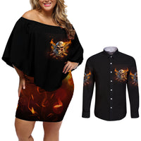 Your First Mistake Fire Skull Couples Matching Off Shoulder Short Dress and Long Sleeve Button Shirt - Wonder Print Shop