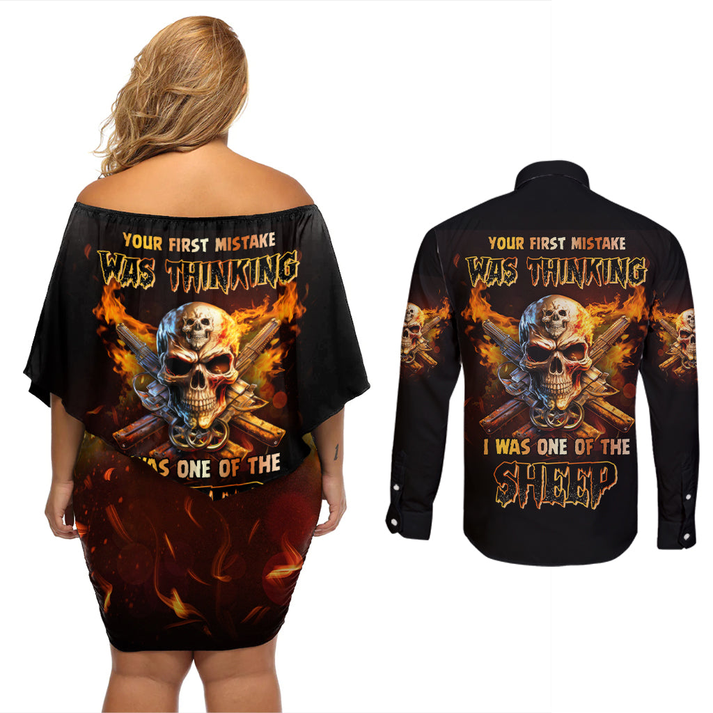 Your First Mistake Fire Skull Couples Matching Off Shoulder Short Dress and Long Sleeve Button Shirt - Wonder Print Shop