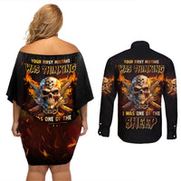 Your First Mistake Fire Skull Couples Matching Off Shoulder Short Dress and Long Sleeve Button Shirt - Wonder Print Shop