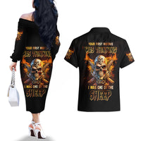 Your First Mistake Fire Skull Couples Matching Off The Shoulder Long Sleeve Dress and Hawaiian Shirt - Wonder Print Shop